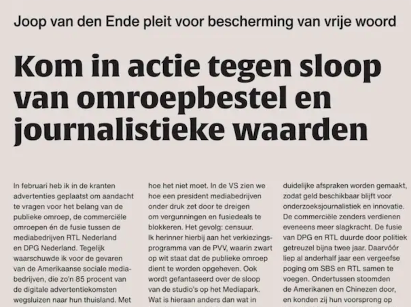 Newspaper advertisement by Joop van den Ende defending journalism and public broadcasting